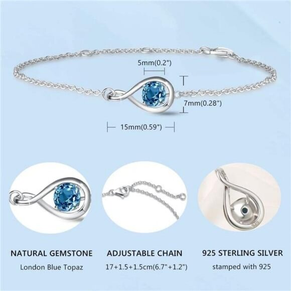 FANCIME Sterling Silver Infinity Bracelet Blue Topaz Birthstone Jewelry Gift - Picture 6 of 7